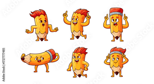 Six adorable cartoon hot dog characters with expressive faces and funny hairstyles isolated on transparent background