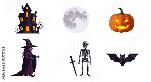 Spooky halloween collection featuring a haunted house witch skeleton jack o lantern moon and bat isolated on transparent background