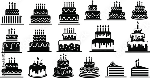 Black and White Birthday Cake Illustrations Set — 20 Unique Line Art Designs with Candles, Tiers, and Decorative Icing for Clipart, Coloring Pages, Bakery Branding, Party Printables, and Graphic Desig