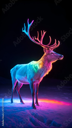 Reindeer glowing with neon lights in a dark studio.