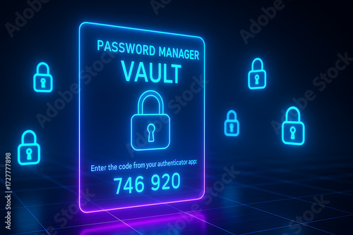 Password manager vault neon glowing digital authentication lock with code display, two factor authentication security access protection login verification system for safe data encryption identity priv