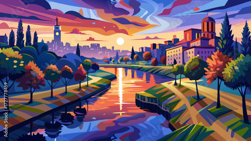 The landscape of the city river in the evening illustrations creates an impressionist style of painting, showing glowing reflections, brush strokes, vivid lights, and artistic harmony capturing 
