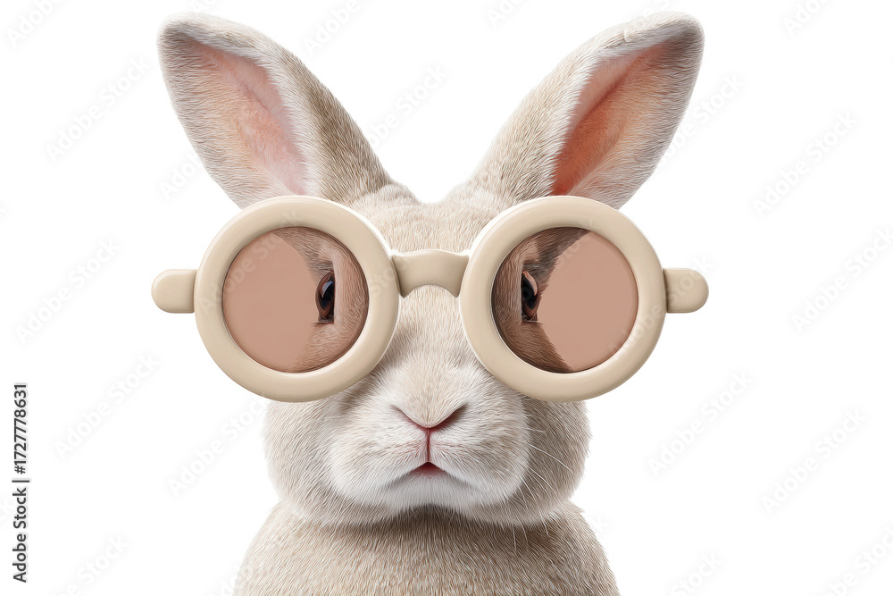 Obraz premium Cute rabbit with round glasses on a white background, cut out