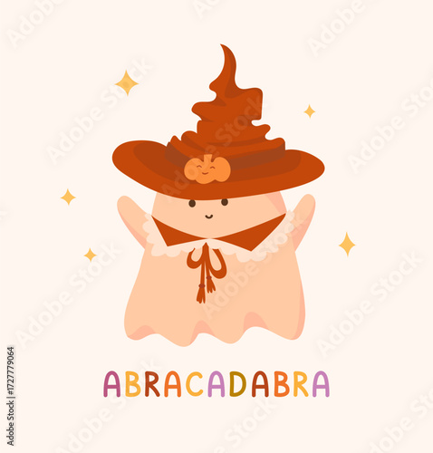 A cozy illustration of a cute ghost wearing a witch's hat and collar. Kawaii character for sticker, print, poster, pin
