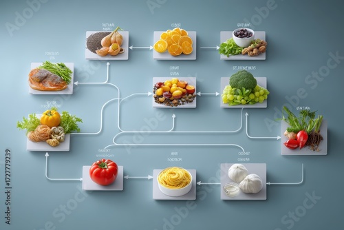 Food safety mind map flowchart concept illustrating connections between various food items and their safe handling practices