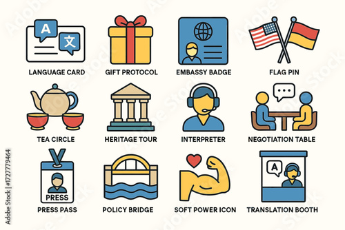 Icons of language translation, international relations, and cultural exchange