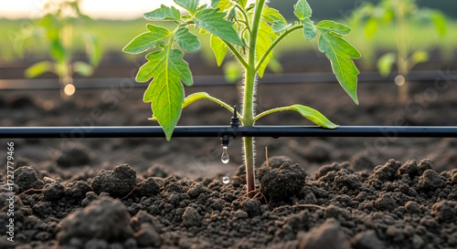 closeup drip irrigation system for watering tomato plant in farm