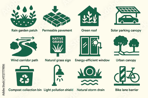 Sustainable urban design icons for eco-friendly infrastructure and environmental solutions