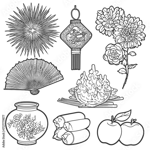 Chinese New Year Flowers, lantern, lucky food and other traditional symbols