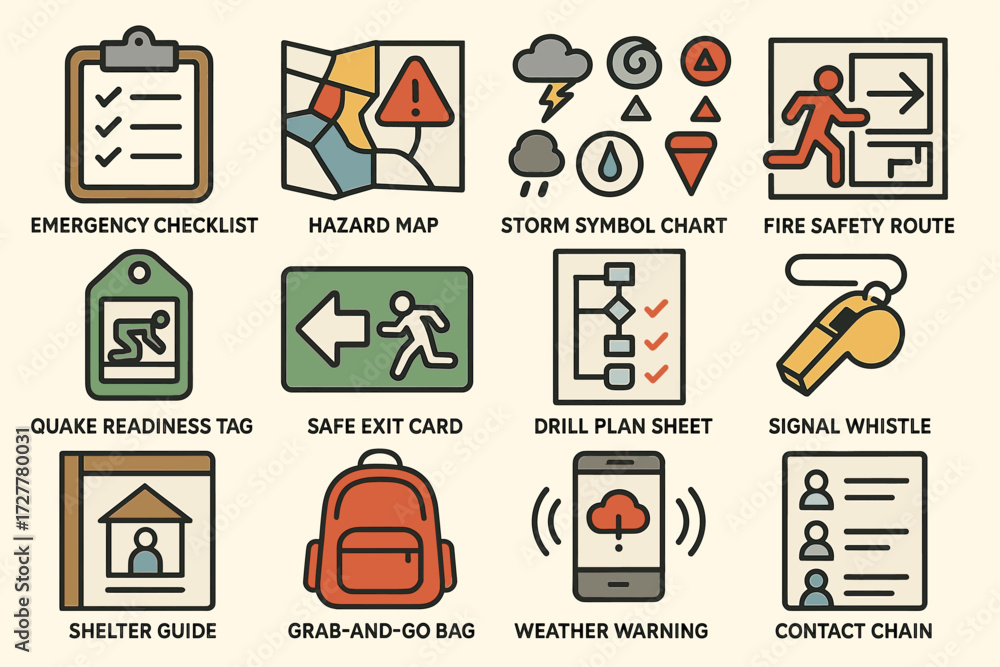 Obraz premium Disaster preparedness icons: emergency, hazard, safety route, shelter guide, weather warning