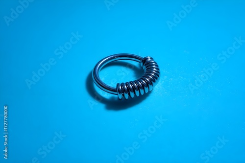 Discover a sleek iridium ringlet isolated on an electric blue background. Modern, elegant design.