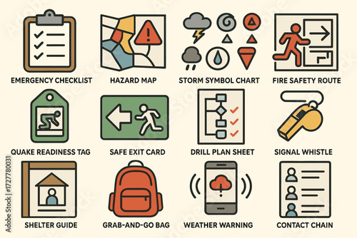 Disaster preparedness icons: emergency, hazard, safety route, shelter guide, weather warning