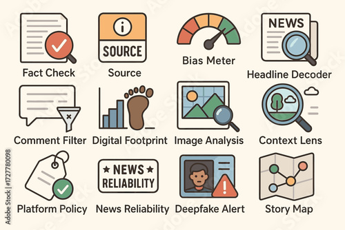 Media literacy tools icons for fact checking and source analysis