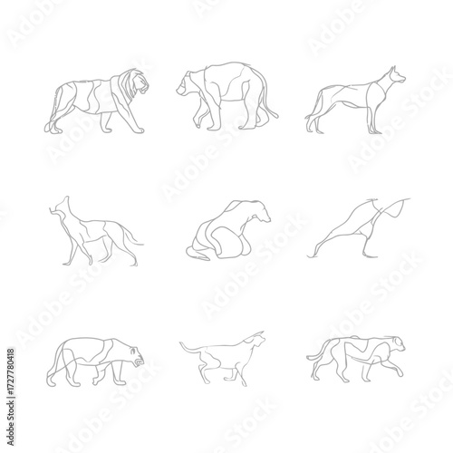 Various animals are depicted in outline style in a nine panel format