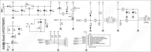 Schematic diagram of electronic device on paper sheet. Vector drawing electrical circuit with microcontroller, connector, voltage converter,
resistor, capacitor, diode, transistor, other components.