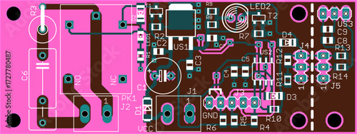 Vector printed circuit board of electronic 
device with components of radio elements, 
conductors and contact pads placed on pcb. 
Engineering technical drawing.  Computer technic cad design.