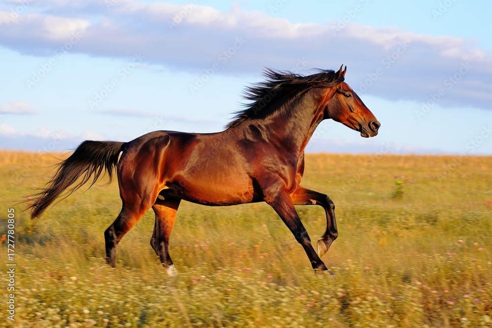 Fototapeta premium Galloping horse in a sunny field