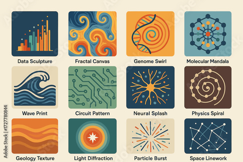 Abstract scientific art: data, fractals, genome swirls, and molecular mandalas
