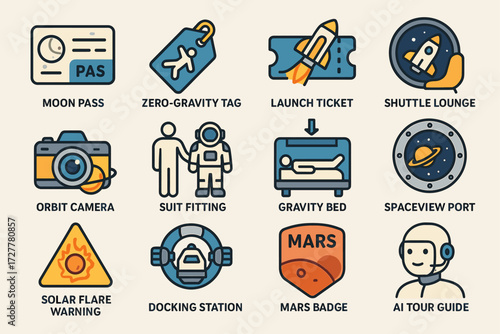 Space travel icons featuring shuttle, astronaut, and mars badge