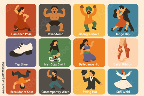 Diverse dance styles illustrated: flamenco, haka, bhangra, tango, breakdance, ballet