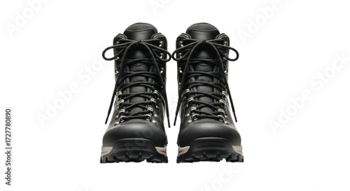 Sturdy black leather hiking boots with laces, ready for adventure on a white background.