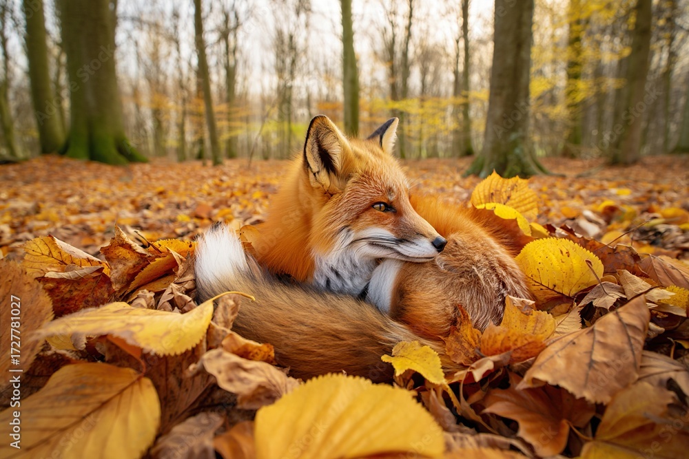 Fototapeta premium Resting fox in colorful fall foliage. 