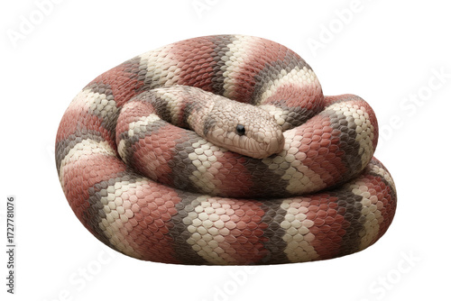 Coiled california kingsnake with red, black, and white bands, cut out
