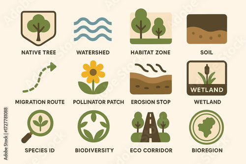 Environmental symbols: native tree, watershed, habitat zone, soil, migration route, pollinator patch, erosion stop, wetland
