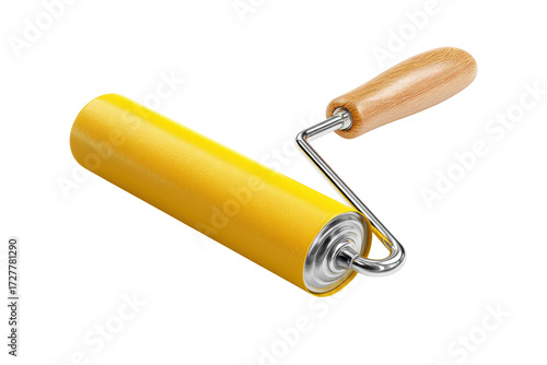 Yellow paint roller with wooden handle on black background, cut out