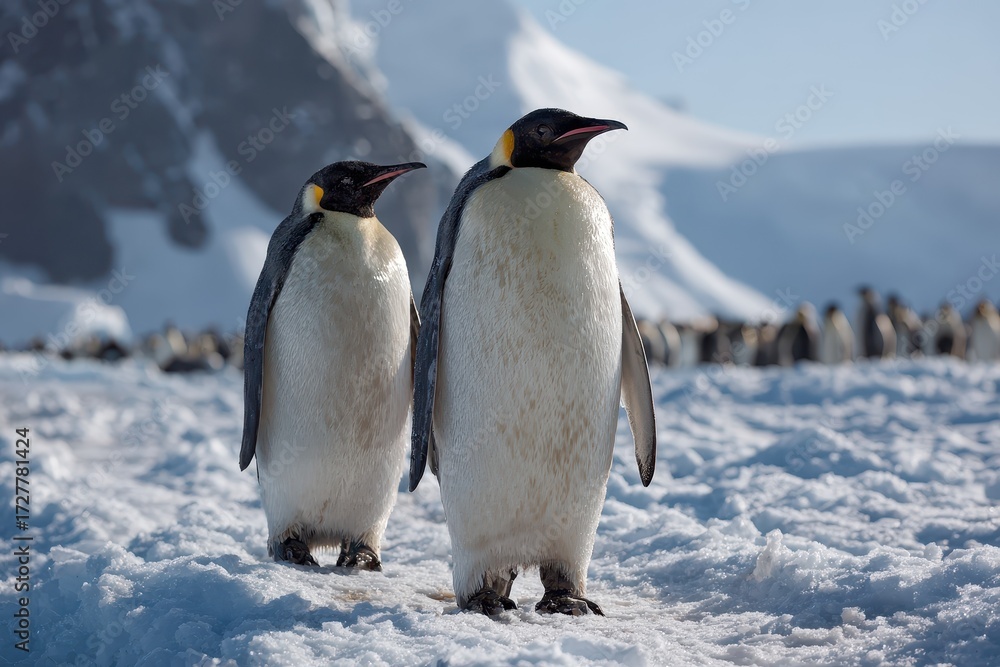 Fototapeta premium Emperor penguins standing in Antarctica against a backdrop of icy terrain and distant colony, showcasing their distinctive black and white plumage in bright sunlight