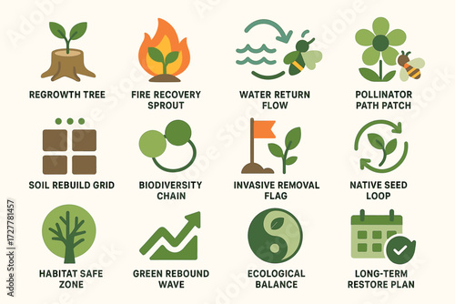 Environmental conservation icons illustrating reforestation and sustainability concepts