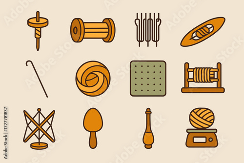 Collection of vintage yarn tools and accessories for knitting and weaving