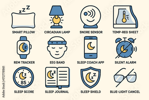 Sleep technology gadgets: smart pillow, circadian lamp, snore sensor, rem tracker, silent alarm