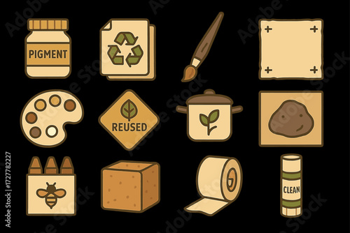 Eco-friendly art supplies icons with recycling and natural materials