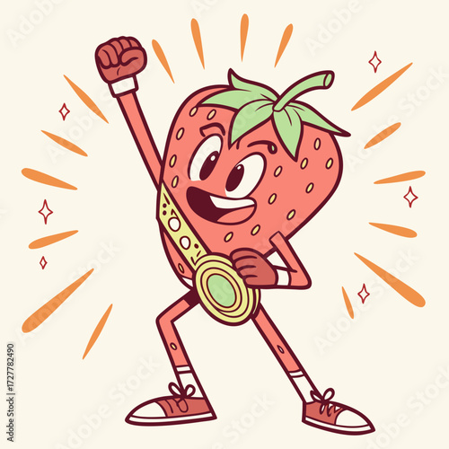 A jubilant cartoon strawberry character wearing a champion s medal and raising a fist in victory surrounded by celebratory sparkles and radiating positive energy