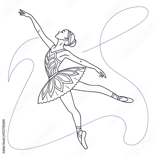 Elegant ballerina in a graceful pose with flowing ribbons showcasing the beauty and artistry of classical ballet in a minimalist line drawing style