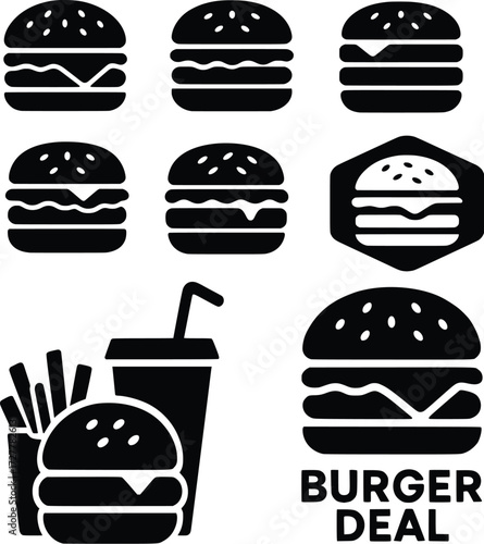Burger Silhouette Icon Set – Fast Food Vector Logos and Symbols	