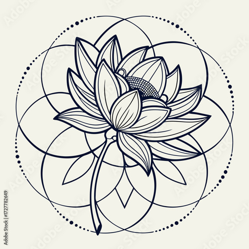 Elegant line art illustration of a blooming lotus flower centered within a delicate geometric mandala pattern featuring concentric circles and dotted accents on a cream background
