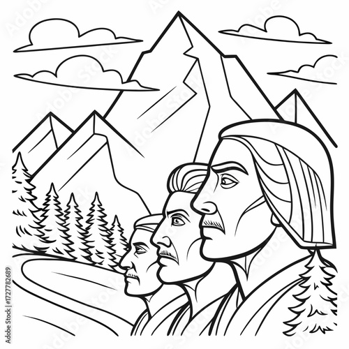 Stylized black and white illustration of mount rushmore featuring the faces of four presidents carved into the mountainside with pine trees and clouds in the background