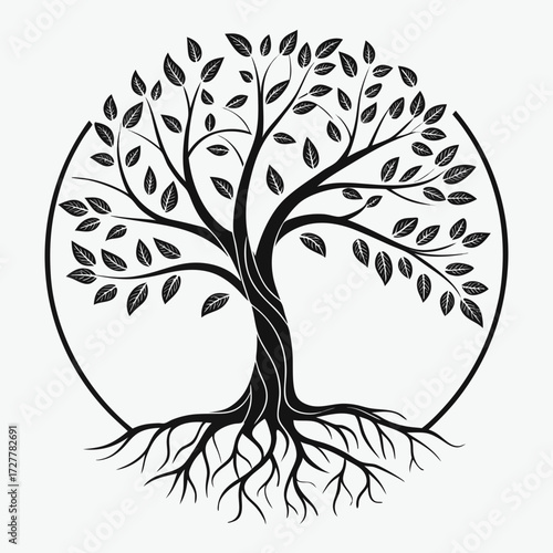 Stylized black and white illustration of a circular tree of life with prominent roots and branches adorned with leaves symbolizing growth nature and interconnectedness within a clean design