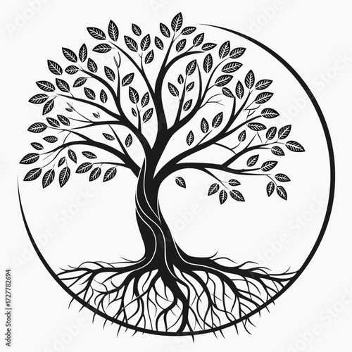 Stylized black silhouette of a tree with intricate roots and leaves enclosed within a circular frame representing life and growth