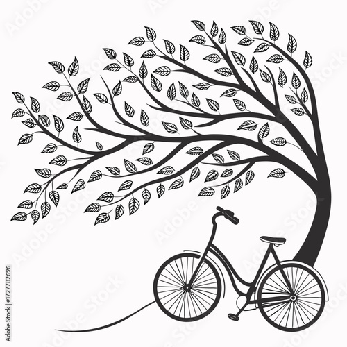 Stylized black silhouette of a whimsical tree with flowing branches and detailed leaves casting a shadow over a vintage bicycle parked beneath its canopy on a white background