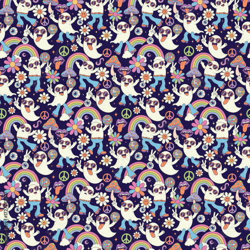 Psychedelic 60s 70s Halloween Disco Pattern – Hippie Ghosts, Smiley Flowers, Rainbow, Funky Mushrooms, Groovy Vampire Lips