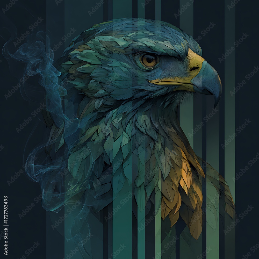 Fototapeta premium Teal Eagle Head with Fading Smoke and Vertical Stripes