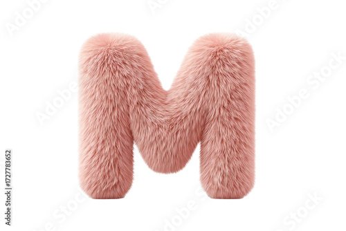 Fluffy pink letter m with soft fur texture on white background, cut out