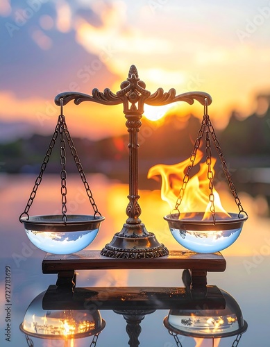 Justice scales balanced against fire at sunset over water
