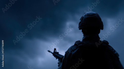 Remembrance Day, Veterans Day, Soldier silhouette with rifle dark sky for remembrance day