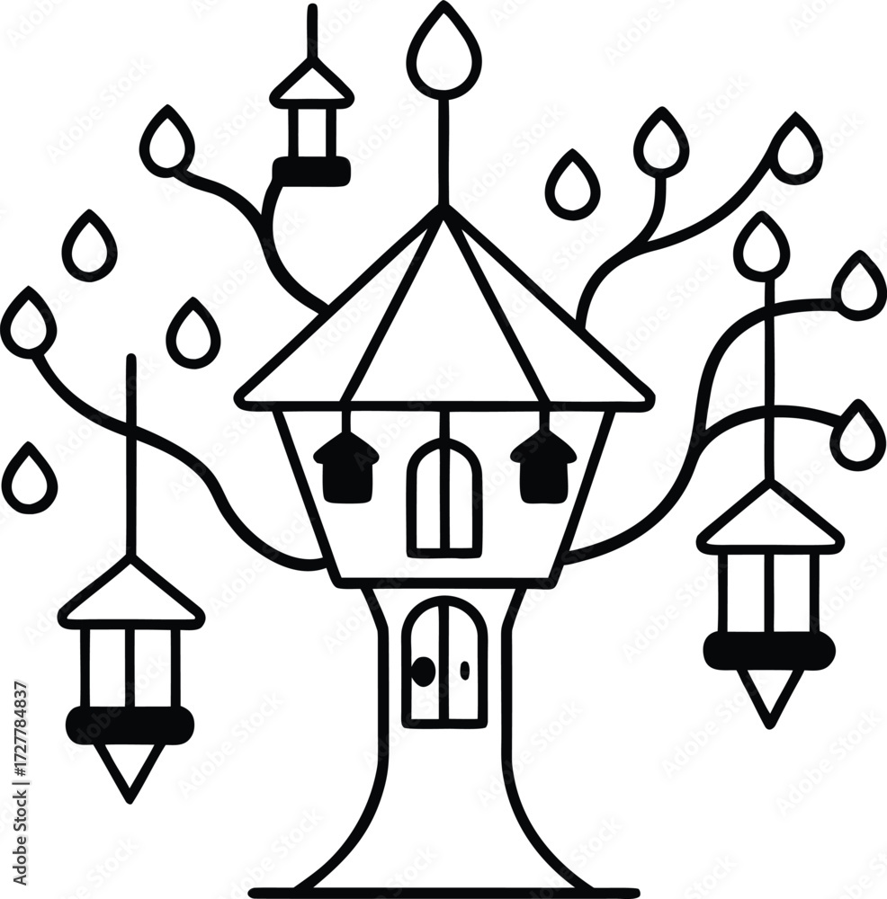 Fototapeta premium magical treehouse with lanterns and wooden bridges illustration on transparent background