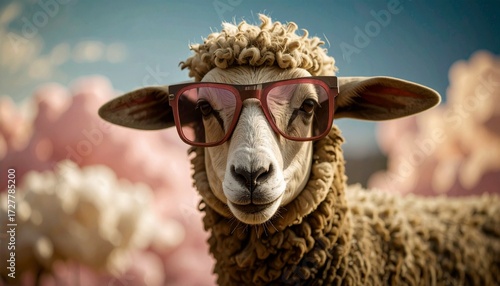 Whimsical and surreal portrait of a cool sheep wearing stylish pink sunglasses, a funny 3D digital illustration against a dreamy cloudscape