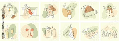 Christmas and New Year pastel hand drawn vector set with holiday illustrations including candle, stocking, gingerbread man, reindeer, Santa hat, snowman, champagne, bow, gift, skates, sled and mountai